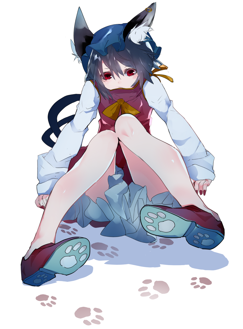 1girl animal_ears bow chen commentary_request eyebrows_visible_through_hair fingernails footprints gold_bowtie hair_between_eyes highres ikurauni knees_together_feet_apart long_sleeves looking_at_viewer multicolored multicolored_shirt purple_hair red_eyes red_footwear shirt short_hair sitting solo touhou white_background white_shirt