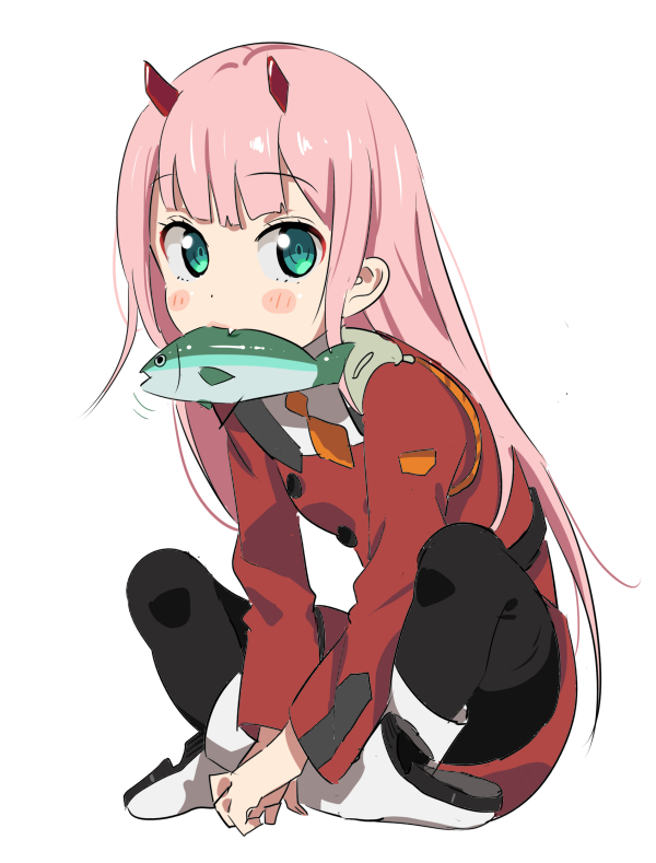 1girl bangs black_legwear blush boots commentary darling_in_the_franxx eyebrows_visible_through_hair fang fish fish_in_mouth food_in_mouth full_body green_eyes horns indian_style long_hair long_sleeves looking_at_viewer military military_uniform mouth_hold pink_hair senjitsu_musou shoes sidelocks simple_background sitting solo straight_hair uniform white_background white_footwear zero_two_(darling_in_the_franxx)
