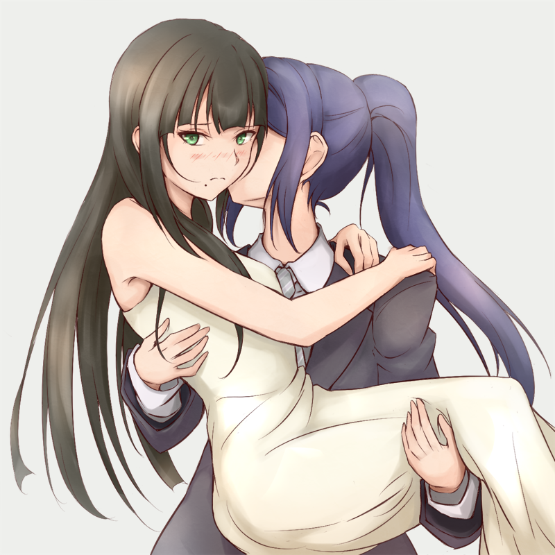 2girls bare_shoulders black_hair blush brown_hair carrying cheek_kiss commentary_request dress formal green_eyes holding ken_(kenta1922) kiss kurosawa_dia long_hair love_live! love_live!_sunshine!! matsuura_kanan multiple_girls necktie pant_suit princess_carry purple_hair sad suit sundress white_background yuri