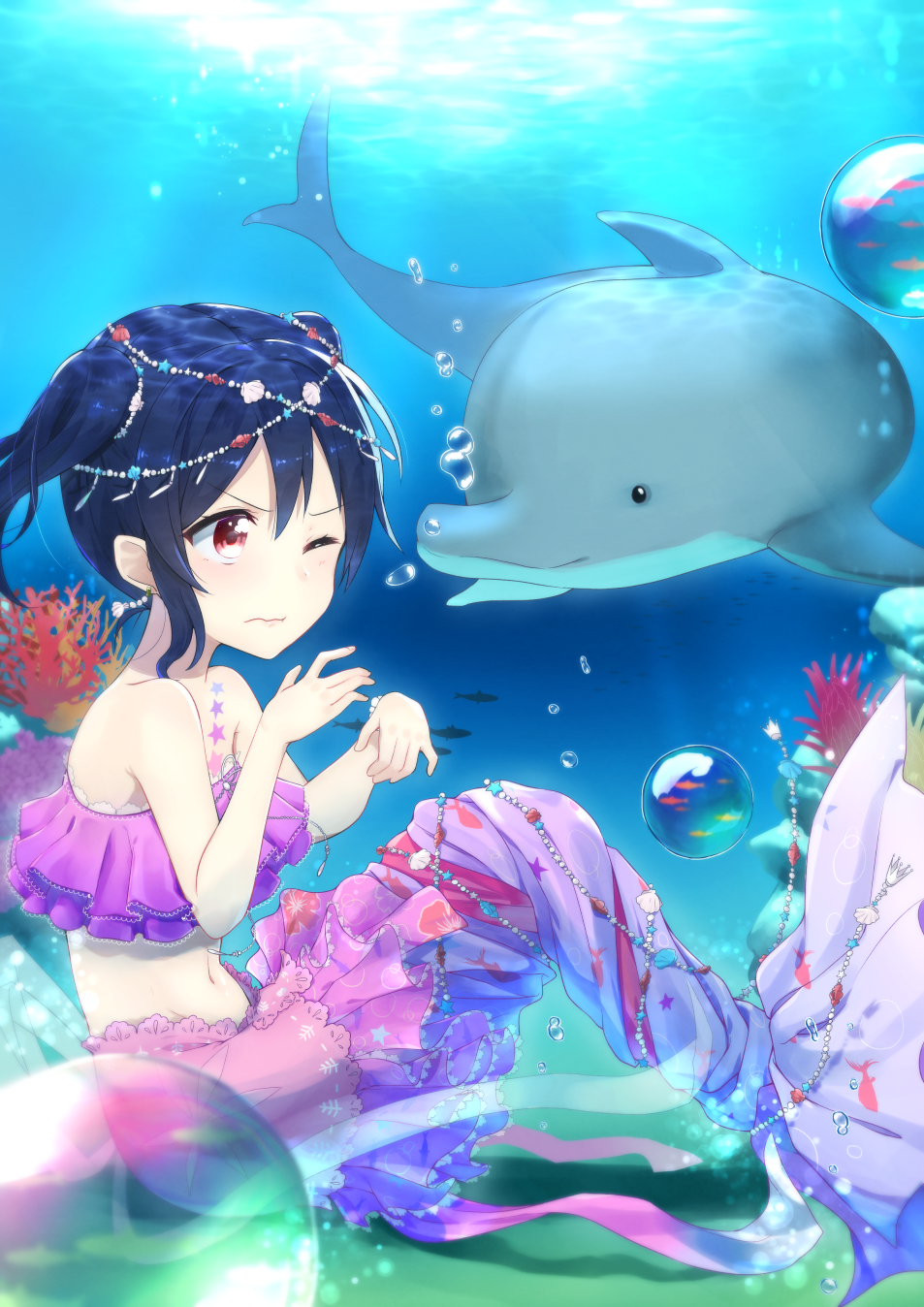 1girl air_bubble animal bangs bare_shoulders black_hair blush bow bracelet bubble closed_mouth commentary_request coral day dolphin earrings eyebrows_visible_through_hair from_side groin hair_between_eyes highres jewelry koko_ne_(user_fpm6842) layered_bikini long_hair love_live! love_live!_school_idol_festival love_live!_school_idol_project mermaid monster_girl monsterification navel one_eye_closed outdoors pearl_bracelet purple_bow red_eyes sitting solo strapless strapless_bikini sunlight twintails underwear wavy_mouth yazawa_nico