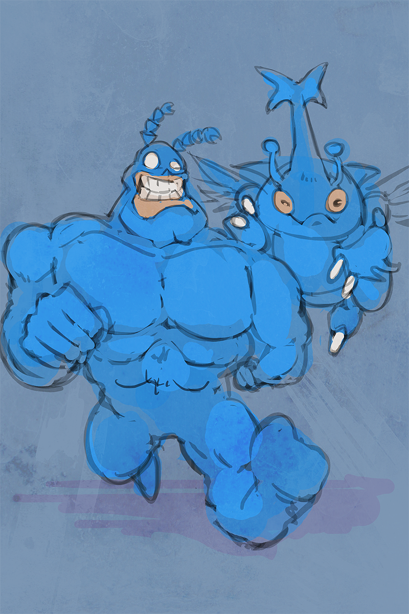 1boy :d blue bummerdude claws color_connection commentary crossover empty_eyes flying gen_2_pokemon grin heracross highres insect male_focus muscle open_mouth pokemon shadow smile the_tick the_tick_(character) trait_connection walking yellow_eyes