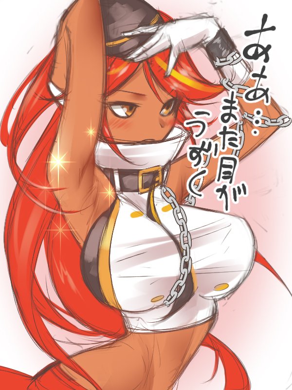 1girl arm_behind_head armpits arms_up azur_lane bangs bare_shoulders belt belt_buckle black_belt black_hat blonde_hair blush breasts brown_eyes buckle chains closed_mouth crop_top cuffs dark_skin eyebrows eyebrows_visible_through_hair frown gloves hat jamaica_(azur_lane) large_breasts long_hair midriff multicolored_hair redhead shackles shirt sleeveless sleeveless_shirt solo sparkle straight_hair streaked_hair sugihara_(sugihara2000) swept_bangs two-tone_hair upper_body very_long_hair white_gloves