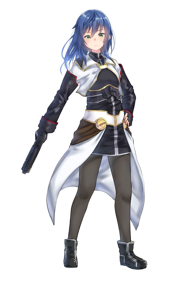 1girl ankle_boots black_footwear blue_hair boots closed_mouth commentary_request eyebrows_visible_through_hair green_eyes grey_legwear gun hand_on_hip highres holding holding_gun holding_weapon light_smile long_sleeves looking_at_viewer pantyhose simple_background solo star_ocean star_ocean_anamnesis weapon white_background yuki_arare