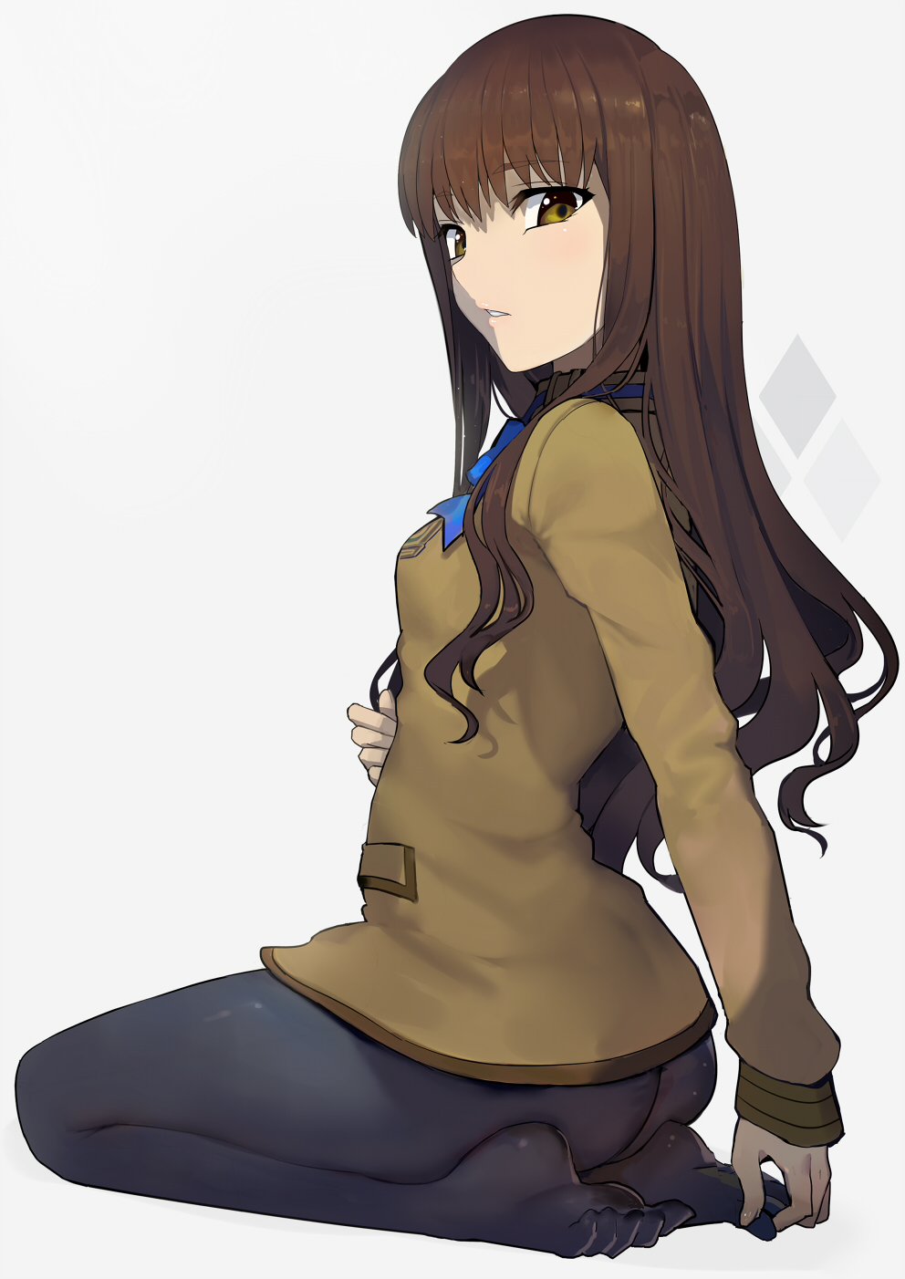 1girl ass blue_neckwear blush bow bowtie brown_eyes brown_hair cardigan commentary_request eyebrows_visible_through_hair fate/extra fate_(series) feet grey_background hands_on_feet highres kishinami_hakuno_(female) long_sleeves looking_at_viewer looking_back no_shoes pantyhose parted_lips seiza simple_background sitting solo toes walzrj