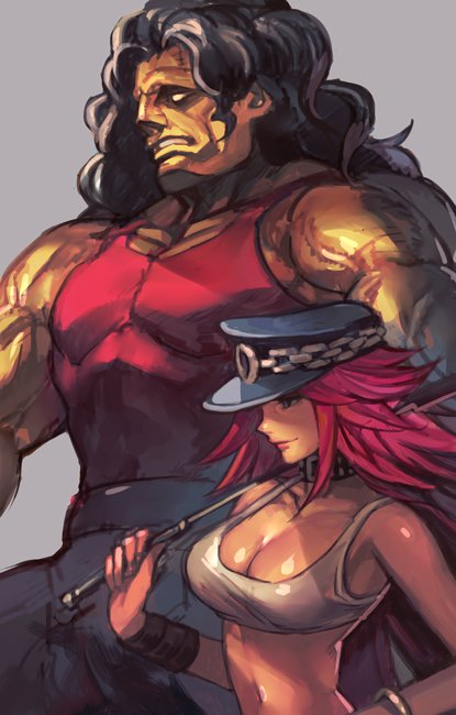 1boy 1girl bare_shoulders belt_collar black_hair breasts capcom chains cleavage crop_top final_fight from_side green_eyes grey_background hankuri hat holding hugo_andore large_breasts long_hair muscle peaked_cap pink_hair poison_(final_fight) red_shirt riding_crop shirt simple_background smile wristband