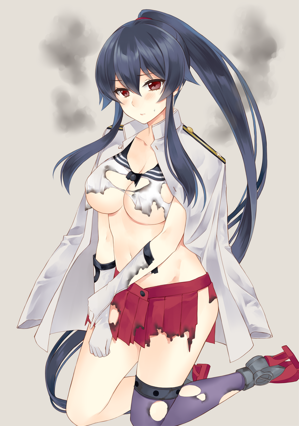 1girl black_hair blush breasts collarbone collared_jacket epaulettes gloves gradient gradient_background grey_background hair_between_eyes hand_on_own_arm holding_arm ichinomiya_(blantte) jacket kantai_collection kneeling large_breasts long_hair looking_at_viewer military military_uniform navel pleated_skirt ponytail purple_legwear red_eyes red_skirt rudder_shoes single_thighhigh skirt smoke solo thigh-highs torn_clothes uniform very_long_hair white_gloves white_jacket yahagi_(kantai_collection)