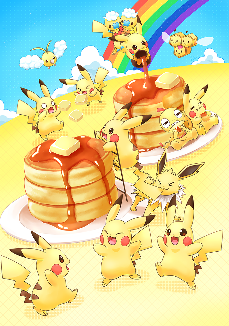 &gt;_&lt; :d alternate_color bird blue_sky blush_stickers brown_eyes carrying closed_eyes clouds combee commentary commentary_request creature day drifloon eating falling floating flying food gen_1_pokemon gen_4_pokemon gen_5_pokemon holding holding_food honey jolteon jumping ladder lai_(pixiv1814979) mouth_hold multiple_heads no_humans o_o open_mouth outstretched_arms pancake pikachu plate pokemon pokemon_(creature) rainbow scared scraggy shiny_pokemon sitting sky smile sphere standing swablu tongue tongue_out yellow