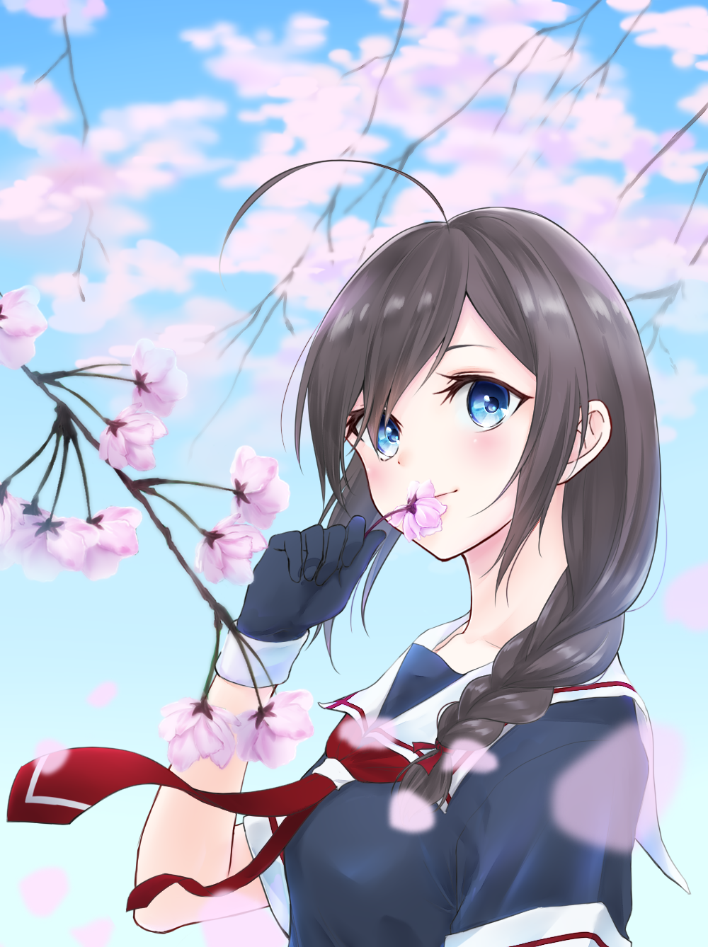 1girl ahoge aoyashio_rin bangs black_hair black_serafuku black_shirt black_skirt blue_eyes blue_sky blurry blurry_background blush cherry_blossoms closed_mouth day flower from_side highres holding holding_flower kantai_collection long_hair looking_at_viewer looking_to_the_side neckerchief outdoors petals red_neckwear sailor_collar school_uniform serafuku shigure_(kantai_collection) shirt short_sleeves skirt sky smelling solo spring_(season) tareme upper_body white_sailor_collar