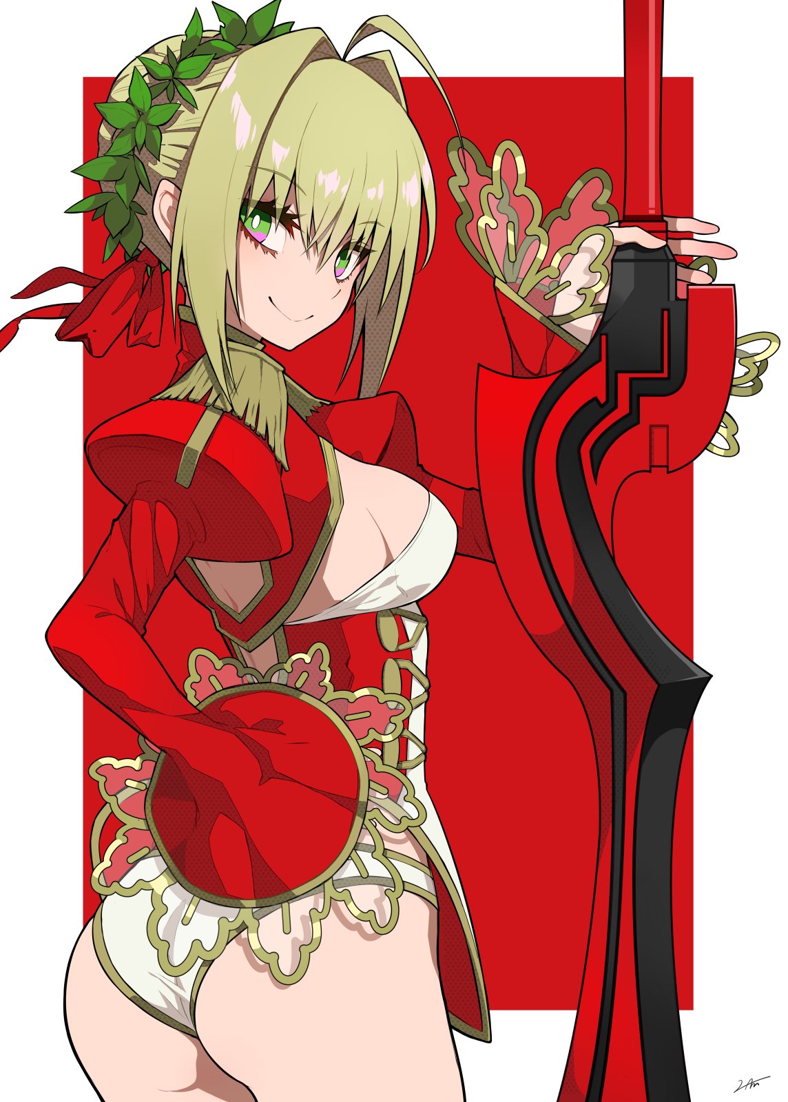 1girl aestus_estus ahoge ass bangs breasts bright_pupils closed_mouth cowboy_shot dress epaulettes eyebrows_visible_through_hair eyelashes fate/extra fate_(series) food green_eyes hair_in_hair hair_ribbon hand_on_hip head_wreath highres holding holding_food juliet_sleeves long_sleeves looking_at_viewer medium_breasts multicolored multicolored_eyes nero_claudius_(fate) nero_claudius_(fate)_(all) outside_border pink_eyes puffy_sleeves ram_(ramlabo) red_background red_dress red_ribbon ribbon see-through shiny shiny_hair short_dress short_hair sideboob signature simple_background smile solo standing thighs tsurime wide_sleeves
