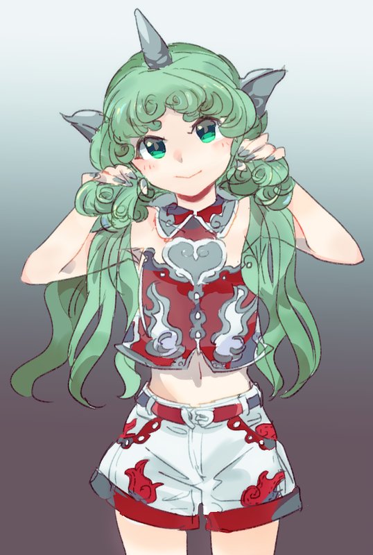 1girl adapted_costume bare_shoulders blush chamaruku closed_mouth cloud_print commentary curly_hair green_eyes green_hair horn kariyushi_shirt komano_aun long_hair looking_at_viewer midriff navel red_shirt shirt shorts smile solo touhou twintails very_long_hair white_shorts