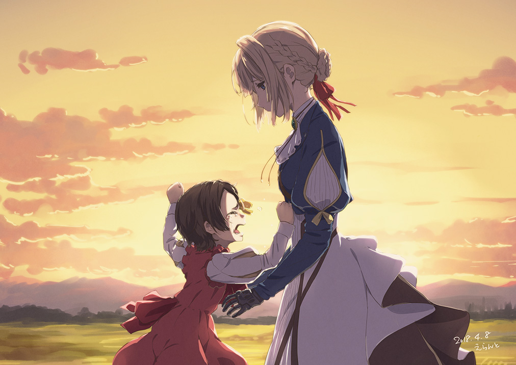2girls blonde_hair blue_eyes braid brown_hair closed_eyes closed_mouth crying errant eyebrows_visible_through_hair hair_ribbon looking_at_another multiple_girls open_mouth outdoors prosthesis prosthetic_arm ribbon short_hair sunset violet_evergarden violet_evergarden_(character)