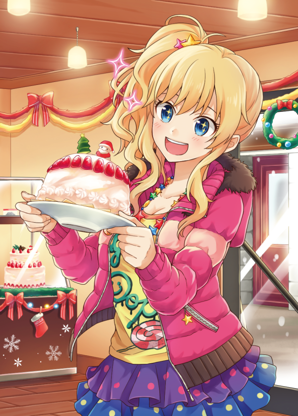 1girl bekkourico blonde_hair blue_eyes blush breasts cake christmas_wreath cleavage coat food holding holding_plate idolmaster idolmaster_cinderella_girls indoors large_breasts long_hair looking_away ootsuki_yui open_mouth plate side_ponytail smile solo sparkling_eyes teeth