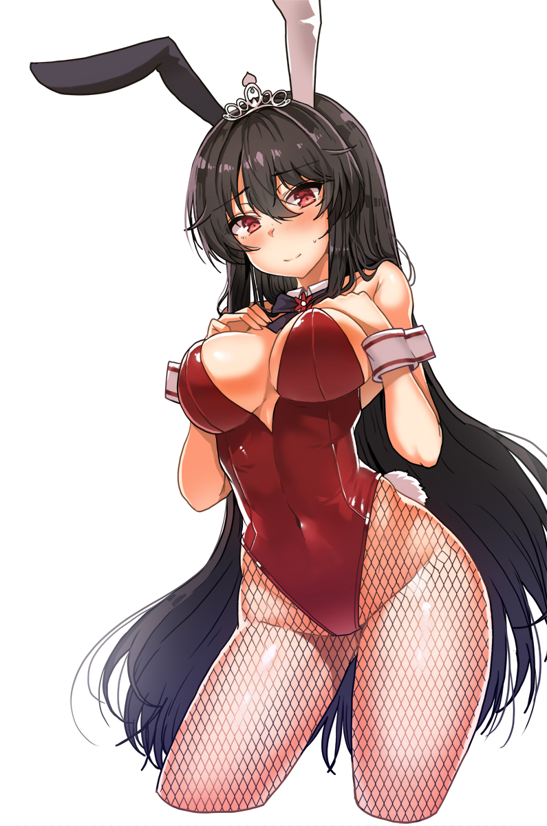 1girl animal_ears black_hair black_neckwear bow bowtie breasts bunny_girl bunny_tail bunnysuit covered_navel cowboy_shot detached_collar fishnet_pantyhose fishnets highres iris_yuma leotard lhu_(barappra1) long_hair medium_breasts pantyhose rabbit_ears red_eyes red_leotard simple_background solo soul_worker strapless strapless_leotard tail tiara white_background wrist_cuffs