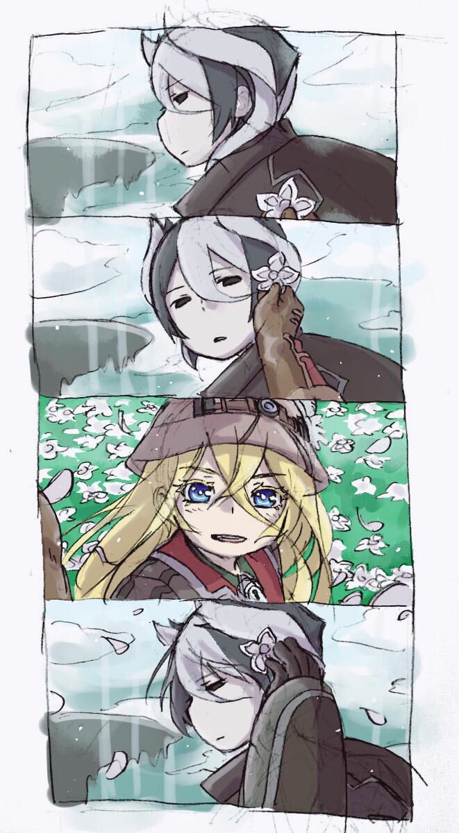 2girls 4koma black_cape black_eyes black_hair blue_eyes cape closed_mouth comic commentary_request eyebrows_visible_through_hair field flower flower_field hair_flower hair_ornament height_difference helmet highres jitome looking_at_viewer lyza made_in_abyss mi_(pic52pic) multicolored_hair multiple_girls outdoors ozen parted_lips sad short_hair smile two-tone_hair whistle white_hair