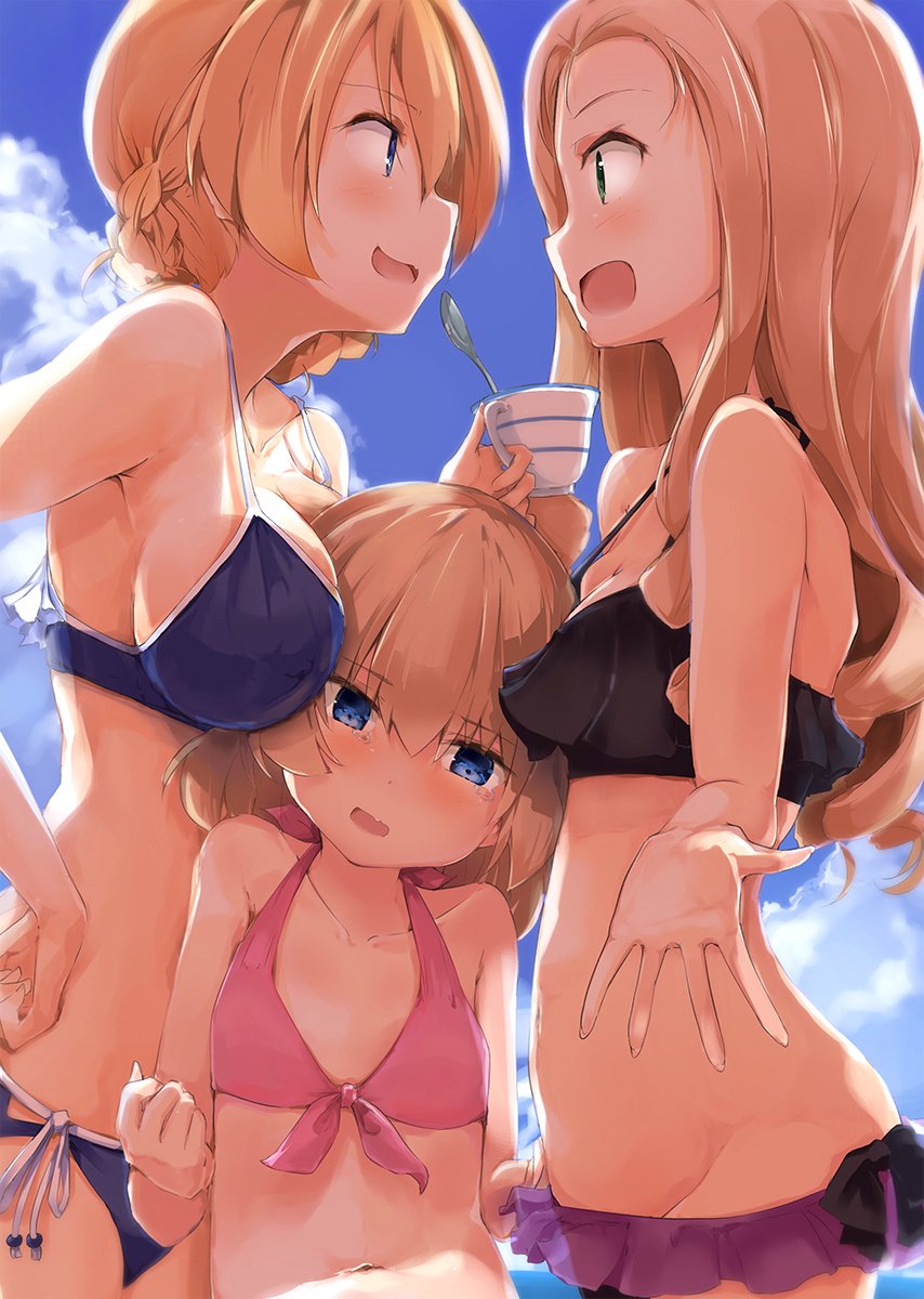 3girls :d bangs bikini blonde_hair blue_bikini blue_eyes blue_sky blush braid breast_envy breasts clara_(girls_und_panzer) clouds cloudy_sky commentary_request cup darjeeling day eyebrows_visible_through_hair flat_chest from_side front-tie_top girl_sandwich girls_und_panzer green_eyes highres katyusha large_breasts light_brown_hair lowleg lowleg_bikini medium_breasts medium_hair multiple_girls navel open_mouth outdoors outstretched_hand parted_bangs profile sandwiched short_hair shuiro_(frog-16) side-tie_bikini sky smile swimsuit teacup tears