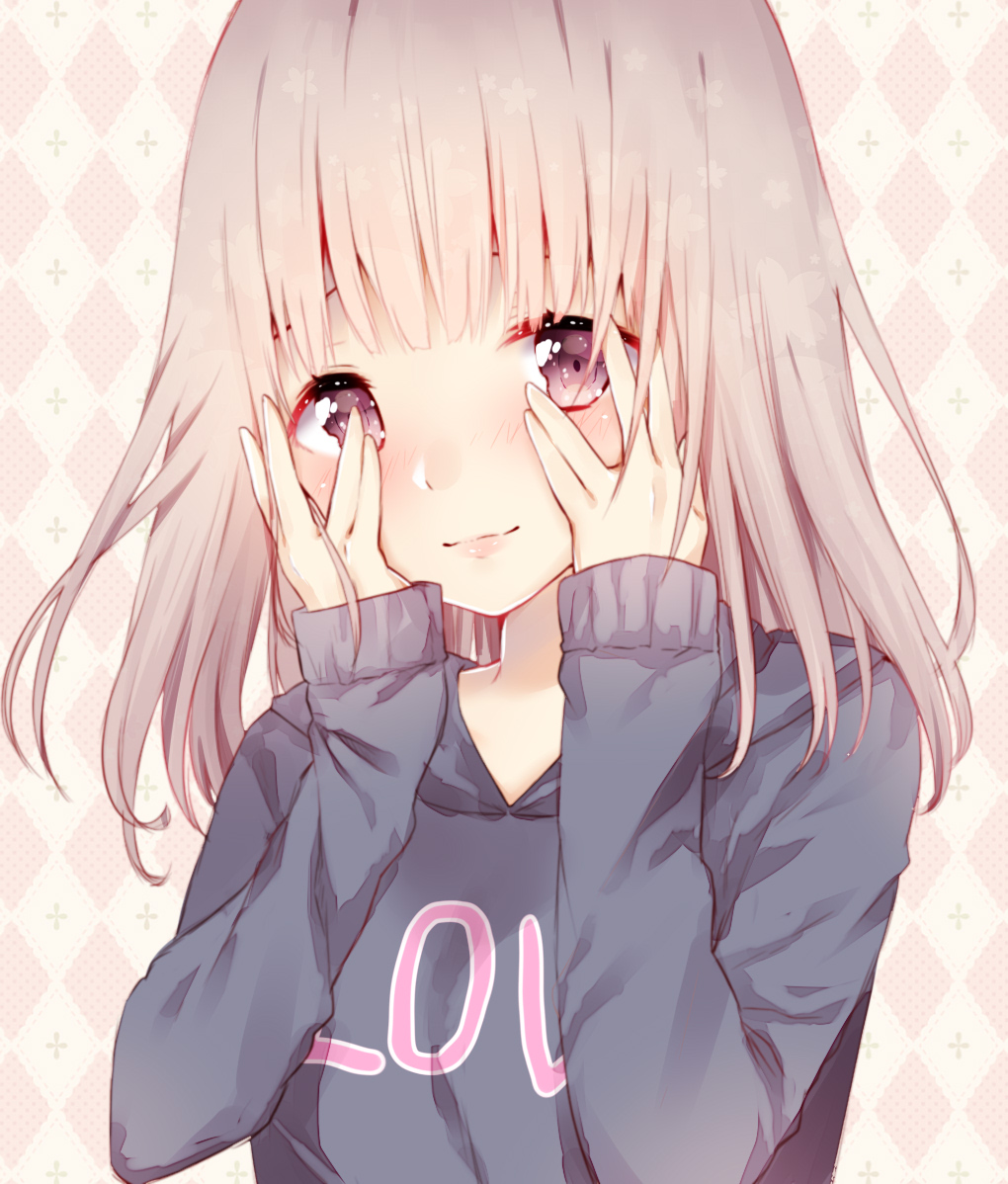 1girl argyle argyle_background bangs black_sweater blonde_hair blunt_bangs blush closed_mouth clothes_writing colored_eyelashes covering_face hands_on_own_face lips long_hair long_sleeves looking_at_viewer manatsuki_manata original sleeves_past_wrists smile solo sweater tareme upper_body violet_eyes