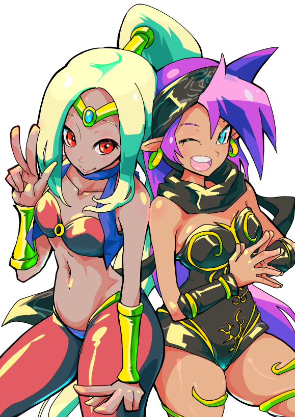 2girls :p ;d back-to-back bandanna blonde_hair blue_eyes bracer breasts choker cosplay costume_switch crossover earrings forehead_jewel gravity_daze harem_pants high_ponytail hoop_earrings jewelry kitten_(gravity_daze) kitten_(gravity_daze)_(cosplay) leotard long_hair medium_breasts multiple_girls navel one_eye_closed open_mouth pants pungter purple_hair red_eyes scarf shantae_(character) shantae_(character)_(cosplay) shantae_(series) smile stomach strapless strapless_leotard tiara tongue tongue_out v very_long_hair