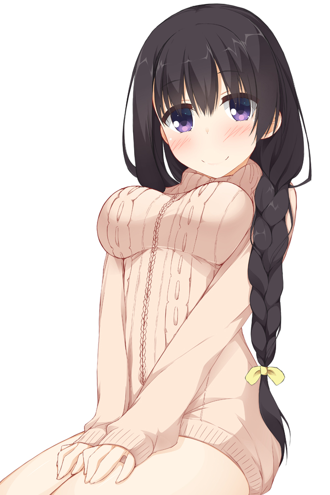 1girl aran_sweater bangs black_hair blush braid breasts brown_sweater closed_mouth commentary_request eyebrows_visible_through_hair hair_between_eyes hair_ribbon hinata_masaki long_hair long_sleeves medium_breasts nijouin_hazuki ribbon riddle_joker simple_background sitting sleeves_past_wrists smile solo sweater very_long_hair violet_eyes white_background yellow_ribbon