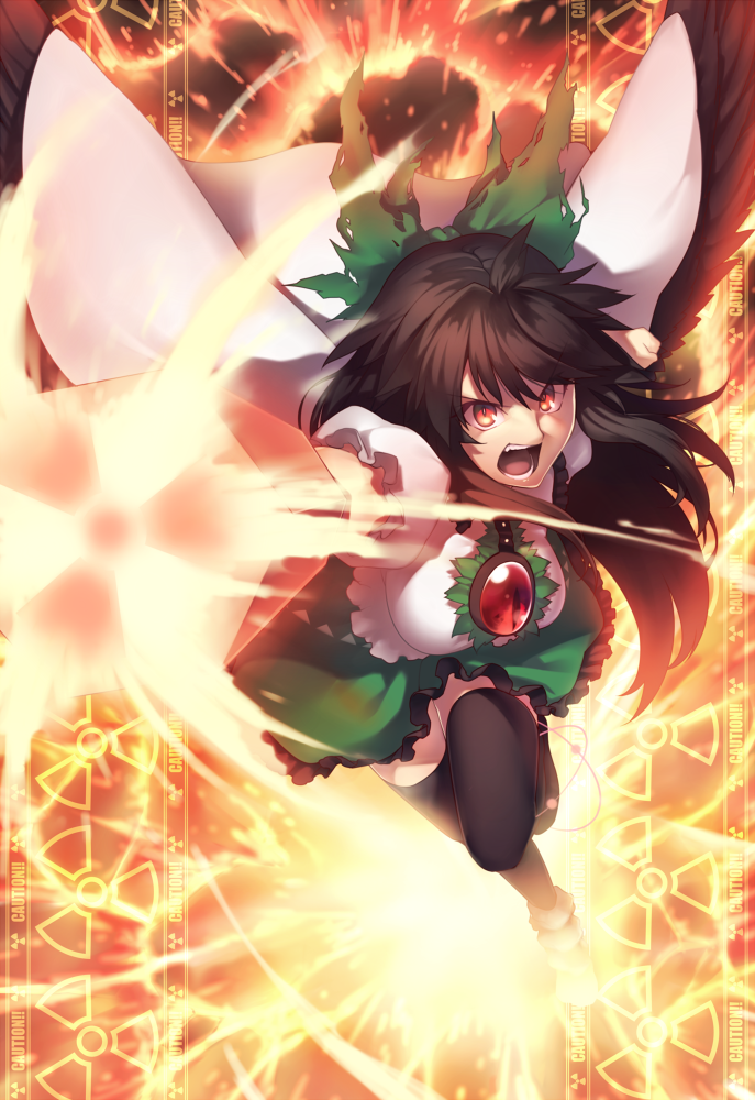 1girl arm_cannon black_hair black_legwear black_wings bow breasts cape commentary_request fire green_bow green_skirt hair_bow kaiza_(rider000) large_breasts long_hair looking_at_viewer open_mouth puffy_short_sleeves puffy_sleeves red_eyes reiuji_utsuho shirt short_sleeves skirt solo teeth thigh-highs third_eye touhou weapon white_shirt wings