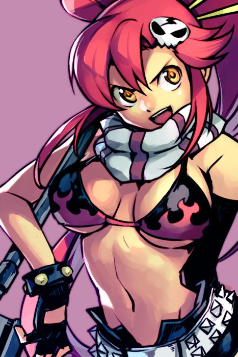 1girl :d belt black_gloves bra breasts commentary_request fingerless_gloves gloves gun hair_ornament hairclip hairpin hankuri holding holding_gun holding_weapon large_breasts long_hair navel open_mouth pants pink_eyes pink_hair ponytail rifle scarf skull_hair_ornament smile solo spiked_belt spikes tengen_toppa_gurren_lagann underwear upper_body v-shaped_eyebrows weapon yellow_eyes yoko_littner