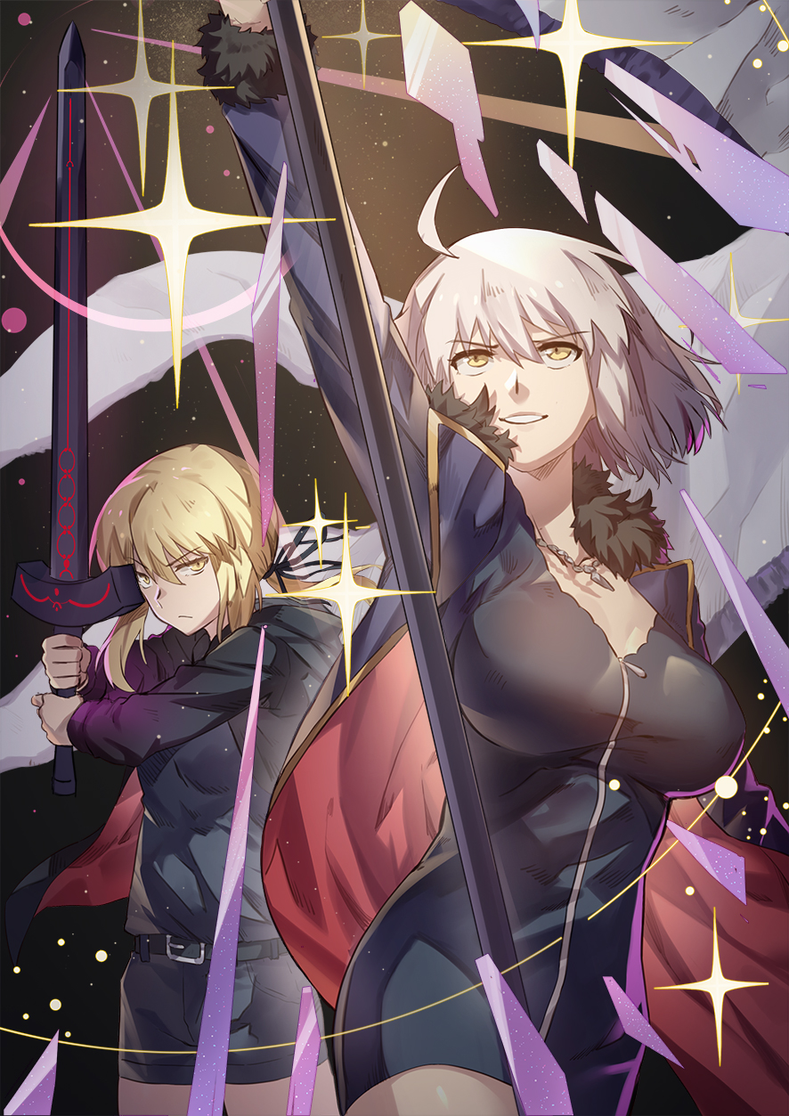 2girls ahoge artoria_pendragon_(all) black_dress black_jacket blue_jacket breasts coat dark_excalibur dark_persona dress excalibur fate/grand_order fate_(series) flag flagpole fur-trimmed_coat fur-trimmed_jacket fur-trimmed_sleeves fur_collar fur_trim graphite_(medium) highres holding holding_sword holding_weapon jacket jeanne_d'arc_(alter)_(fate) jeanne_d'arc_(fate)_(all) jewelry large_breasts long_hair looking_at_viewer looking_up multiple_girls nanaya_(daaijianglin) necklace open_clothes open_coat open_jacket parted_lips saber_alter short_dress short_hair sparkle sword traditional_media weapon wicked_dragon_witch_ver._shinjuku_1999 yellow_eyes