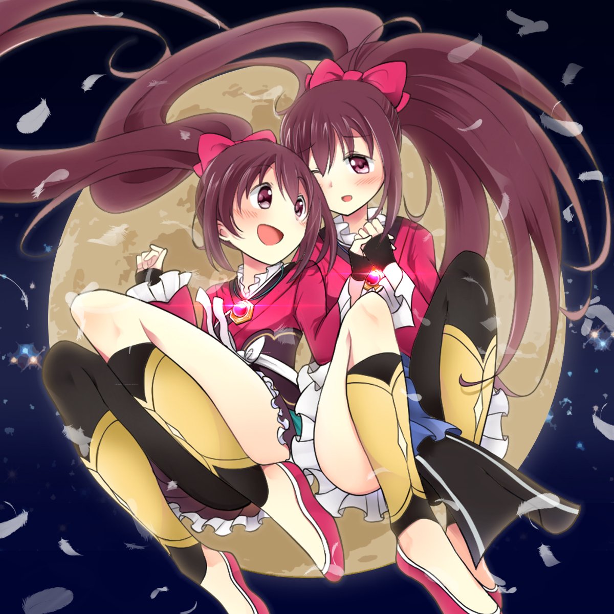 2girls :d ;d amane_tsukasa amane_tsukuyo black_gloves black_legwear bow brown_hair eyebrows_visible_through_hair fingerless_gloves full_moon gloves gluteal_fold hair_bow hands_together highres kaeru_dx looking_at_another magia_record:_mahou_shoujo_madoka_magica_gaiden mahou_shoujo_madoka_magica mismatched_legwear moon multiple_girls night one_eye_closed open_mouth pink_bow ponytail red_eyes smile