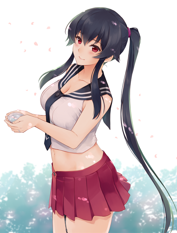 1girl black_hair blush breasts cherry_blossoms cleavage commentary_request cup ichinomiya_(blantte) jewelry kantai_collection long_hair looking_at_viewer midriff navel necktie pleated_skirt ponytail red_eyes ring school_uniform serafuku sidelocks skirt smile solo standing wedding_band yahagi_(kantai_collection)