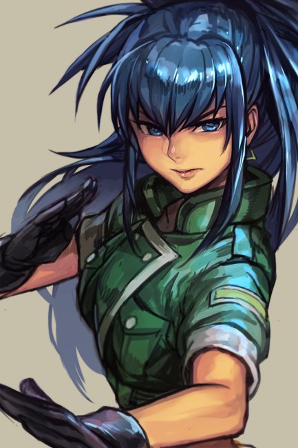 1girl black_gloves blue_eyes blue_hair closed_mouth copyright_request fighting_stance gloves green_jacket grey_background hankuri jacket looking_at_viewer ponytail short_sleeves simple_background solo upper_body