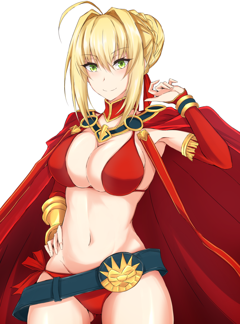 1girl ahoge bikini black_belt blonde_hair braid breasts cape commentary_request cowboy_shot detached_sleeves eyebrows_visible_through_hair fate/grand_order fate_(series) french_braid green_eyes hair_intakes hand_up large_breasts looking_at_viewer navel nero_claudius_(fate) nero_claudius_(fate)_(all) piro_(iiiiiiiiii) red_bikini red_cape short_hair side-tie_bikini sidelocks simple_background smile solo standing swimsuit white_background