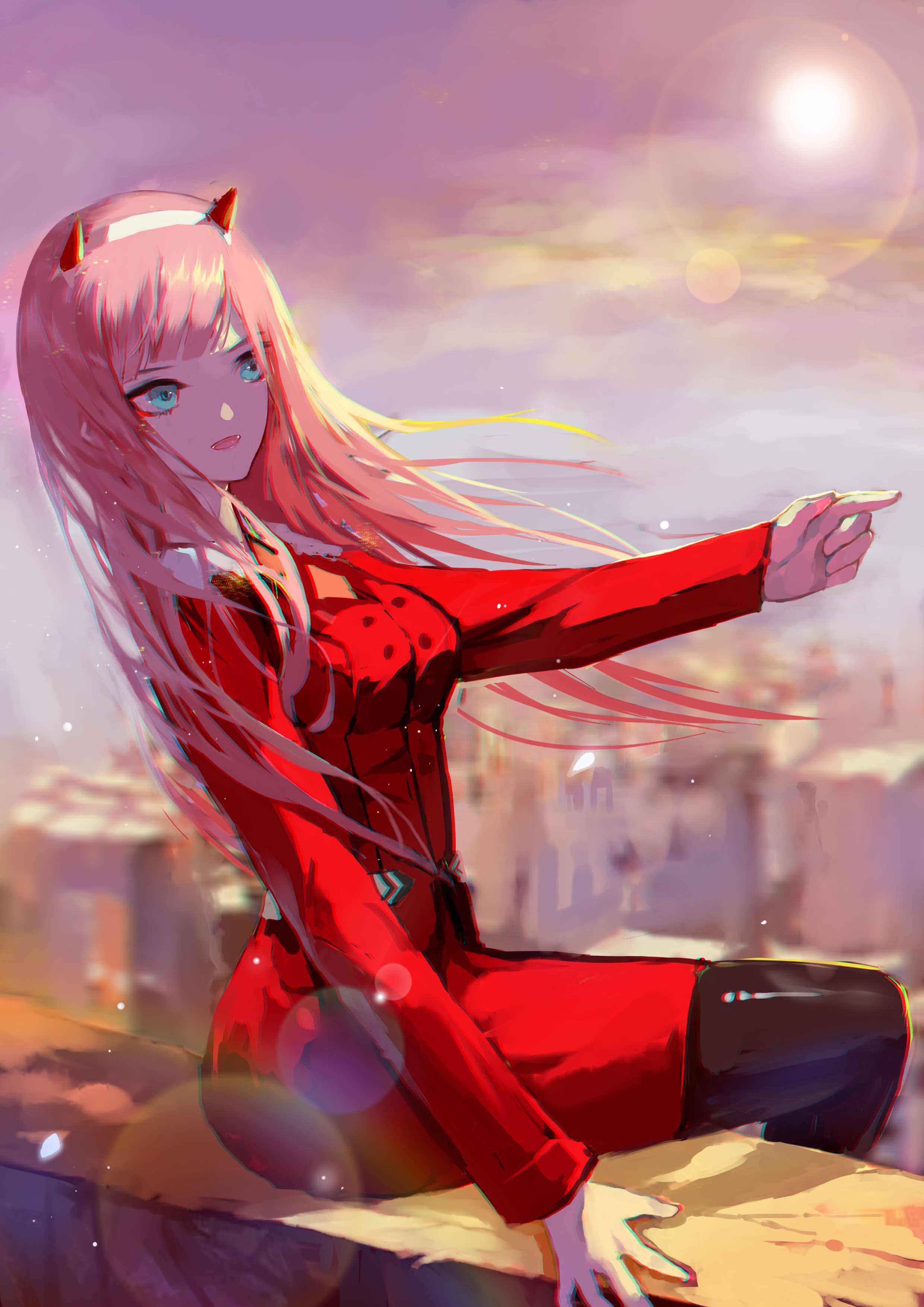 absurdres aqua_eyes bangs darling_in_the_franxx double-breasted dress eyeshadow hairband highres horns ledge lens_flare makeup military military_uniform orange_neckwear outdoors pantyhose pink_hair pointing pointing_finger red_dress shiny shiny_hair sitting sky straight_hair sunlight uniform white_hairband zero_two_(darling_in_the_franxx) zsvd