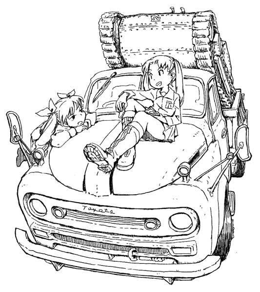 2girls anchovy boots girls_und_panzer ground_vehicle hair_tie kadotani_anzu knee_boots military military_vehicle monochrome motor_vehicle multiple_girls open_mouth sitting tank tomoyoshi_ohta toyota truck twintails