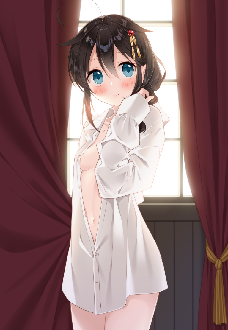 1girl ahoge bangs black_hair blue_eyes blush braid breasts commentary_request cowboy_shot curtains dress_shirt eyebrows_visible_through_hair hair_between_eyes hair_flaps hair_ornament hairpin indoors kantai_collection long_hair long_sleeves looking_at_viewer medium_breasts naked_shirt naoto_(tulip) navel partially_unbuttoned remodel_(kantai_collection) shigure_(kantai_collection) shirt single_braid solo standing white_shirt window