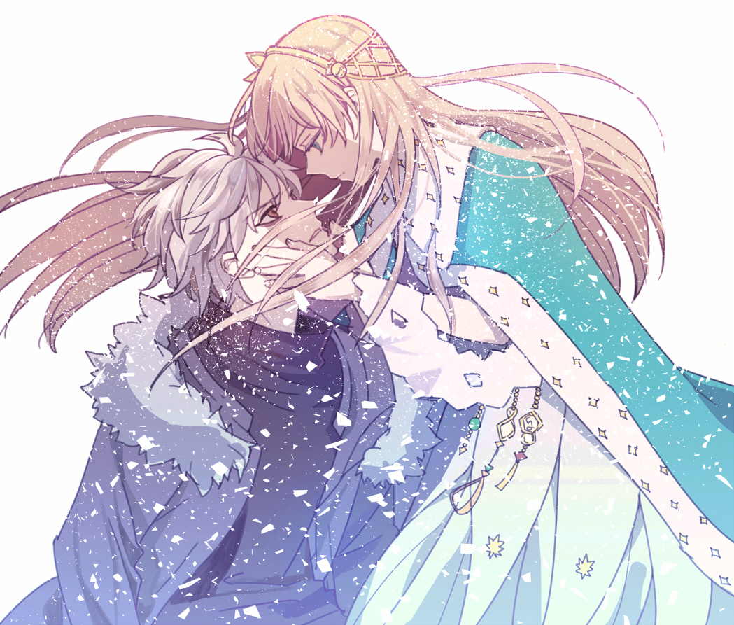 1boy 1girl anastasia_(fate/grand_order) blue_cloak blue_eyes brown_eyes eye_contact fate_(series) fur_trim hand_on_another's_face kadoc_zemlupus light_brown_hair long_hair looking_at_another snowing standing tsengyun very_long_hair wind
