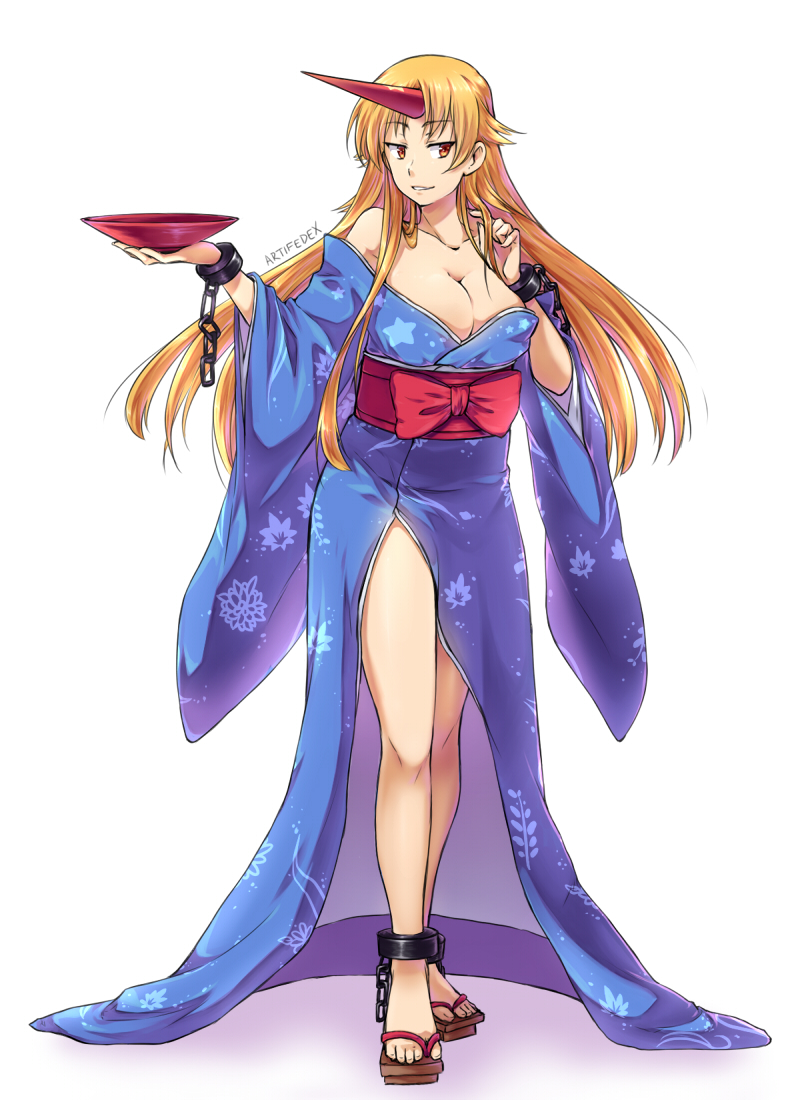 1girl artifedex artist_name bare_legs bare_shoulders blonde_hair blue_kimono breasts cleavage cuffs cup full_body half-closed_eyes holding horn hoshiguma_yuugi japanese_clothes kimono long_hair looking_to_the_side obi orange_eyes parted_lips sakazuki sandals sash shackles side_slit smile solo touhou unmoving_pattern very_long_hair white_background