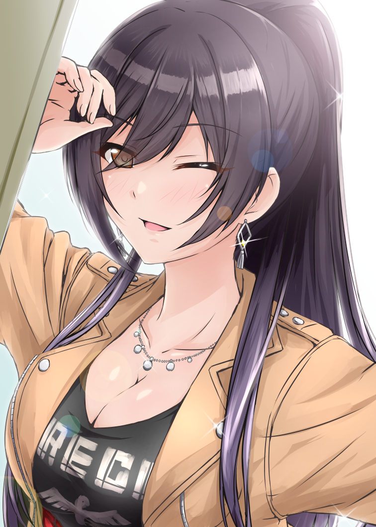 1girl ;d arm_up bangs black_hair black_shirt blue_background blush breasts brown_eyes brown_jacket casual cleavage clothes_writing collarbone diesel-turbo earrings eyebrows_visible_through_hair glint gradient gradient_background high_ponytail idolmaster idolmaster_shiny_colors jacket jewelry long_hair medium_breasts necklace one_eye_closed open_clothes open_jacket open_mouth shiny shiny_hair shirase_sakuya shirt smile solo sparkle tsurime upper_body very_long_hair