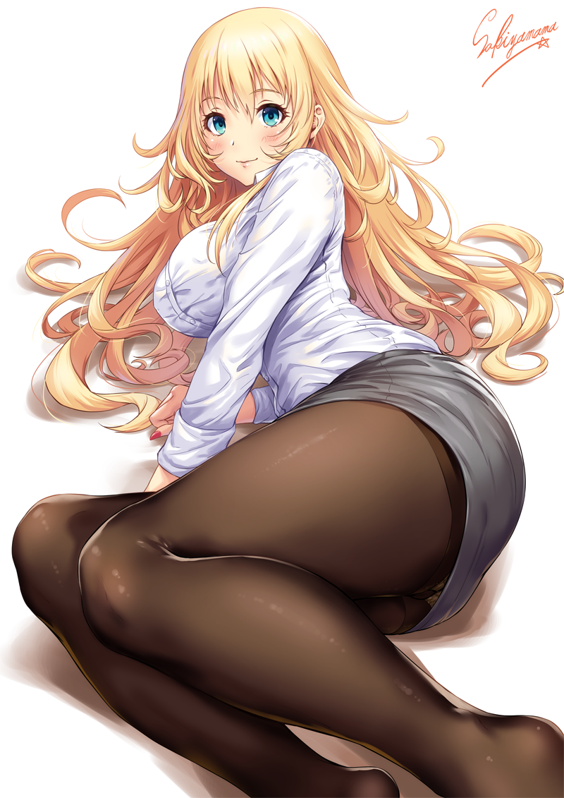 1girl alternate_costume arm_support artist_name ass atago_(kantai_collection) black_legwear blonde_hair blue_eyes blue_skirt breasts collared_shirt gusset kantai_collection large_breasts long_hair long_sleeves looking_at_viewer lying no_shoes office_lady on_side panties pantyhose pencil_skirt sakiyamama shirt simple_background skirt smile solo thighband_pantyhose underwear white_background white_panties white_shirt