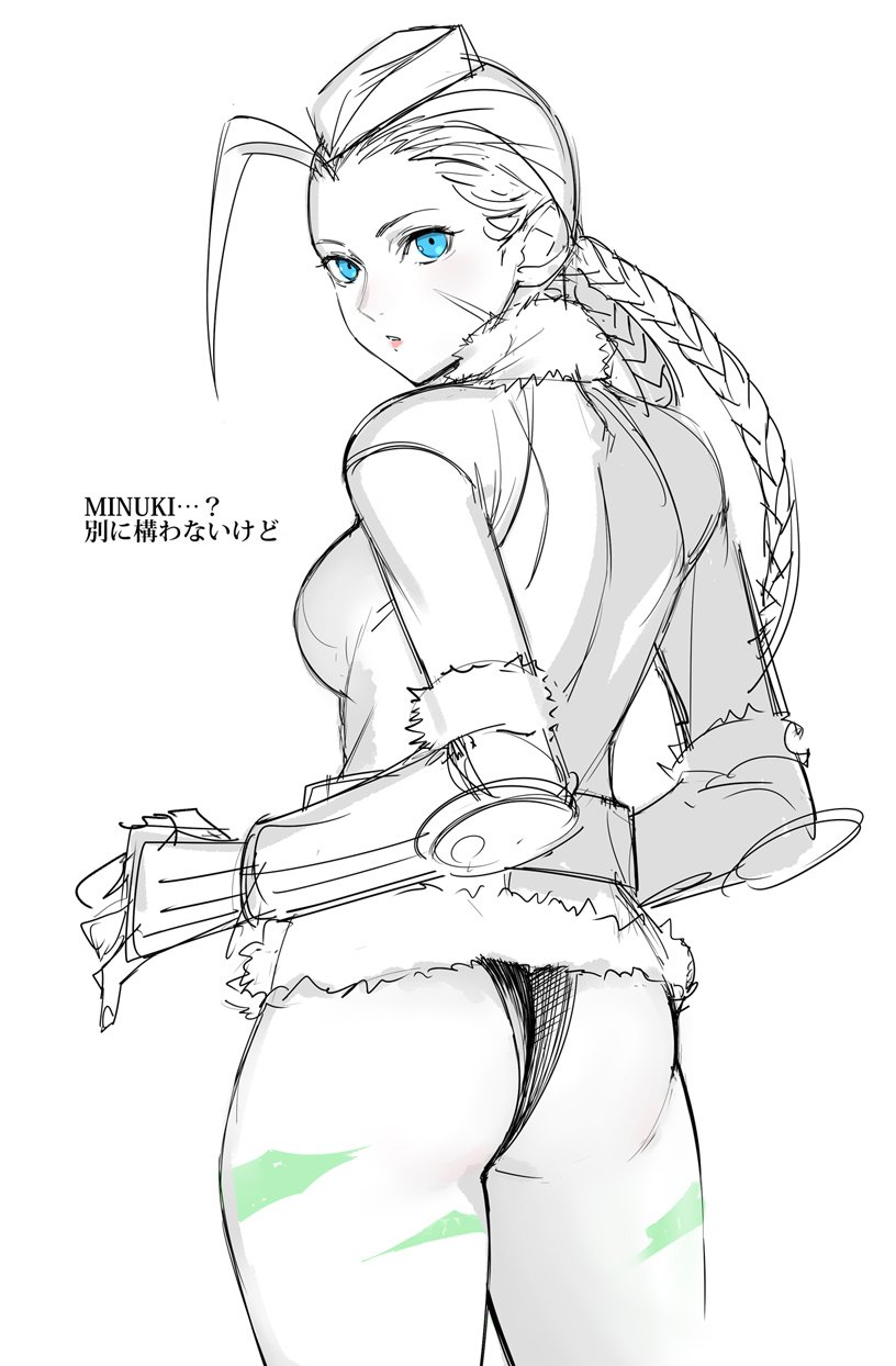 1girl ahoge ass blue_eyes braid cammy_white closed_mouth commentary_request contrapposto cowboy_shot fur_trim hat highres jacket long_hair looking_at_viewer looking_back simple_background single_braid sketch solo spot_color street_fighter tetsu_(kimuchi) thong translation_request white_background