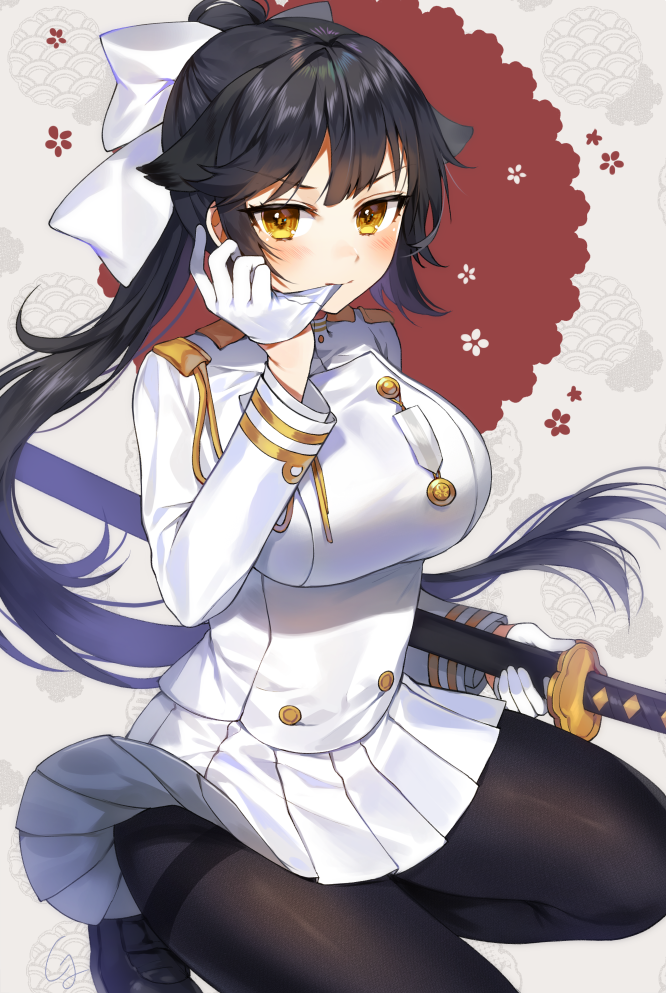 1girl aiguillette azur_lane badge bangs black_footwear black_hair black_legwear blush bow breasts closed_mouth gijang gloves grey_background hair_bow hair_flaps high_ponytail holding holding_sword holding_weapon large_breasts loafers long_hair long_sleeves looking_at_viewer military military_uniform miniskirt mouth_hold pantyhose patterned_background pleated_skirt removing_glove sheath sheathed shiny shiny_hair shoes signature skirt solo sword takao_(azur_lane) thighband_pantyhose tsurime uniform v-shaped_eyebrows very_long_hair weapon white_bow white_gloves white_skirt