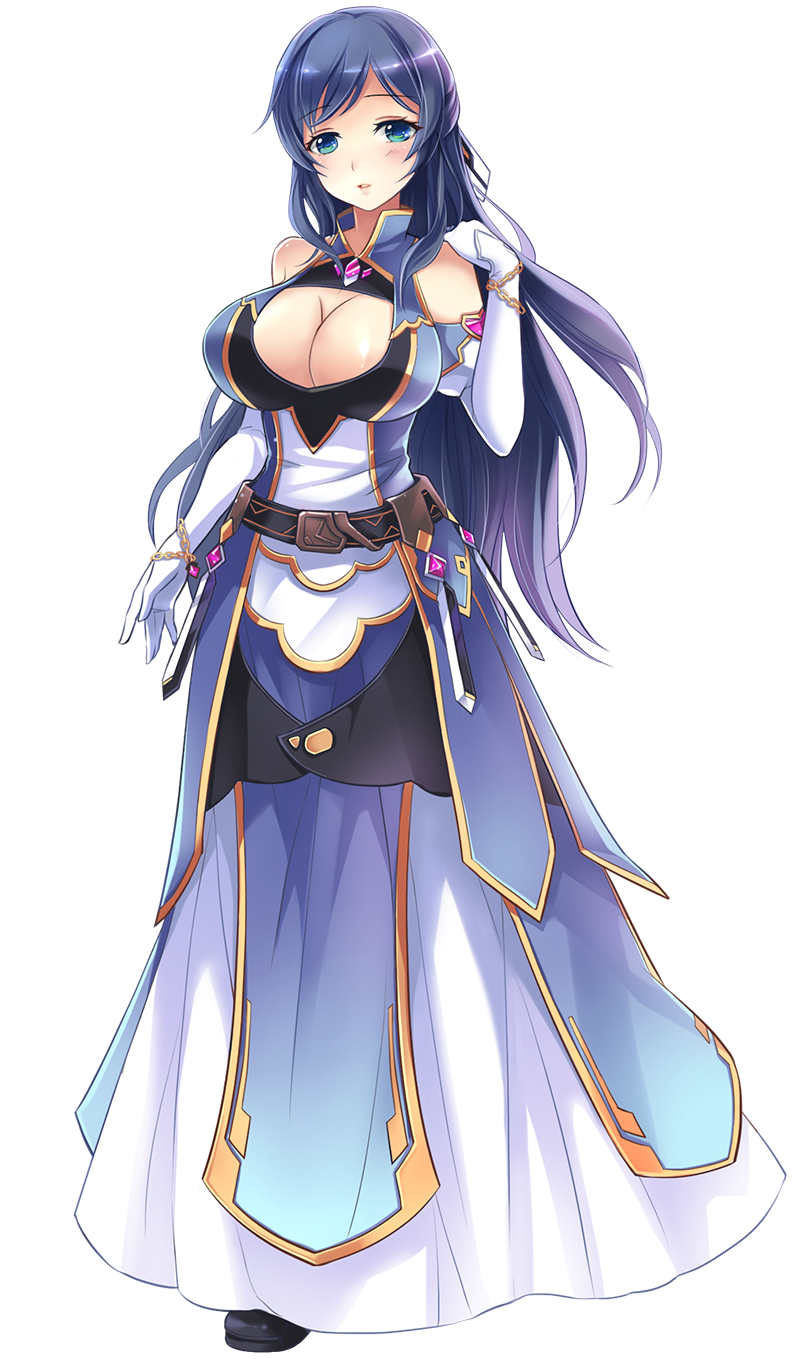 1girl belt blue_eyes blue_hair breasts chains cleavage cleavage_cutout dress elbow_gloves eyebrows_visible_through_hair full_body gloves hair_ornament hand_on_own_shoulder highres irene_(master_of_eternity) large_breasts light_blush long_dress looking_at_viewer master_of_eternity nexon official_art transparent_background wavy_hair