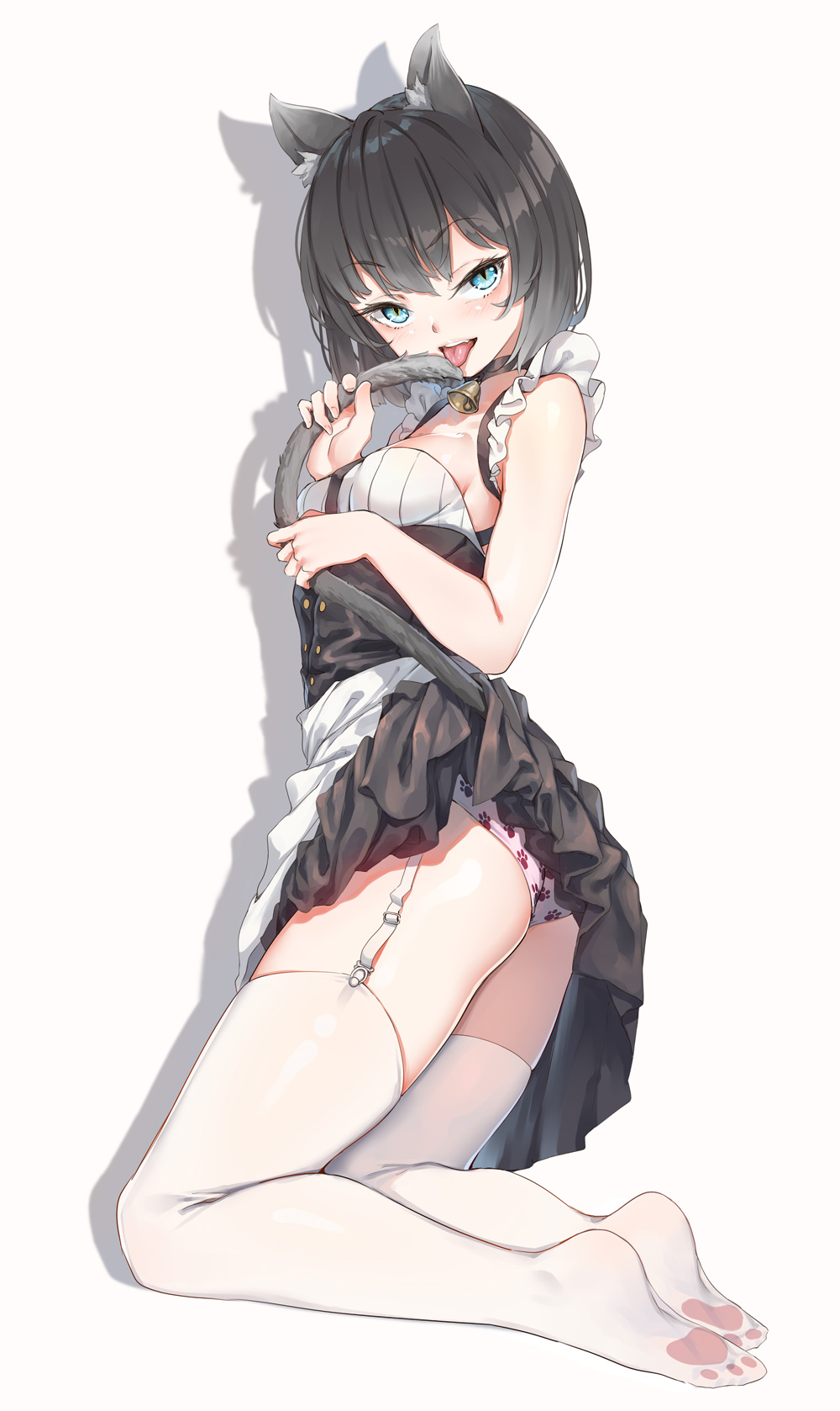 1girl animal_ears apron ass bangs bell bell_choker black_choker black_hair black_skirt blue_eyes blush breasts buttons cat_ears cat_tail choker eyes_visible_through_hair fang fangxiang_cuoluan frills garter_straps highres looking_at_viewer no_shoes open_mouth original panties paw_print pink_panties print_panties shadow short_hair simple_background skirt skirt_lift sleeveless slit_pupils small_breasts smile solo tail teeth thigh-highs tongue tongue_out underwear waist_apron white_legwear