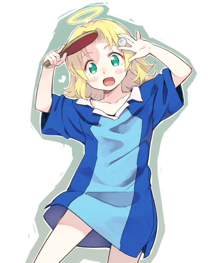 1girl aqua_eyes ball blonde_hair blue_shirt blush_stickers collarbone collared_shirt cowboy_shot denchuubou green_eyes gym_shirt halo hands_up heart medium_hair open_mouth original oversized_clothes oversized_shirt paddle palms shirt simple_background solo table_tennis_ball table_tennis_paddle tareme