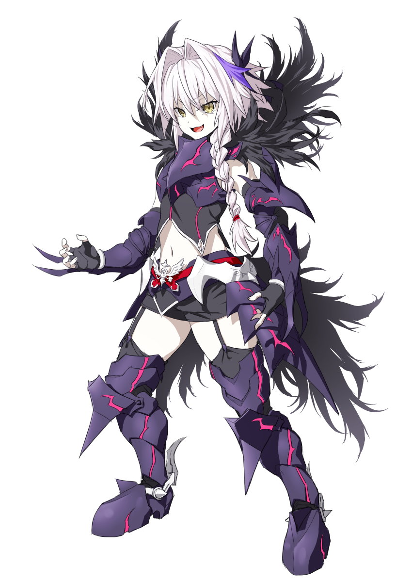 1boy alter_servant armored_boots astolfo_(fate) black_gloves boots braid dark_persona fang fate/apocrypha fate_(series) feather_trim fingerless_gloves full_body garter_straps gloves highres long_hair male_focus midriff miniskirt multicolored_hair onsoku_inu open_mouth otoko_no_ko pale_skin simple_background single_braid skirt smile solo streaked_hair white_background white_hair yellow_eyes