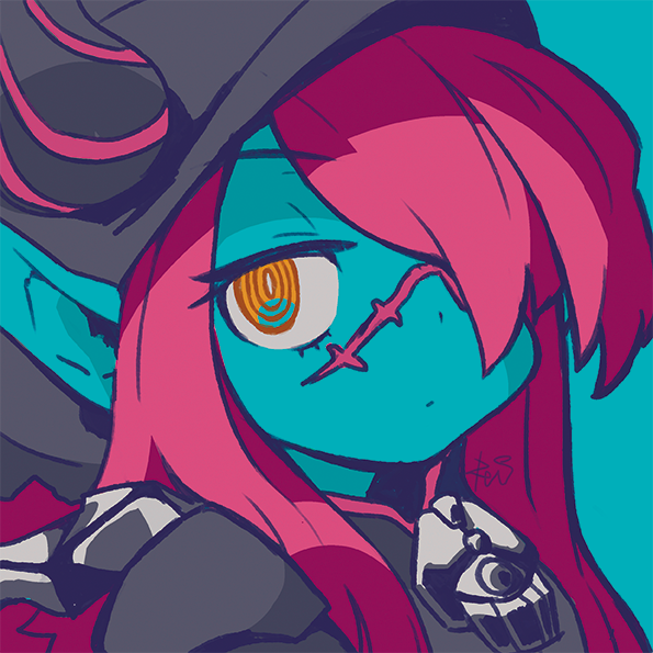 1girl black_hat blue_background blue_skin bright_pupils closed_mouth commentary_request hair_over_one_eye hat horns looking_at_viewer necromancer_(sekaiju) one_eye_covered pink_hair portrait reiesu_(reis) ringed_eyes scar sekaiju_no_meikyuu sekaiju_no_meikyuu_5 signature simple_background solo