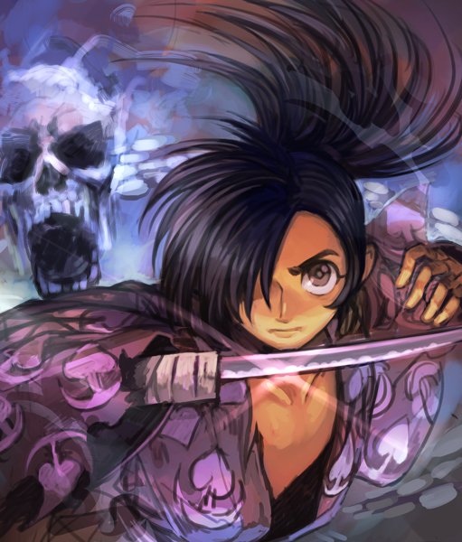 1boy black_hair brown_eyes closed_mouth copyright_request dororo_(tezuka) fighting_stance ghost hair_over_one_eye hankuri holding holding_sword holding_weapon hyakkimaru_(dororo) japanese_clothes katana long_sleeves male_focus ponytail skull solo sword upper_body weapon wide_sleeves