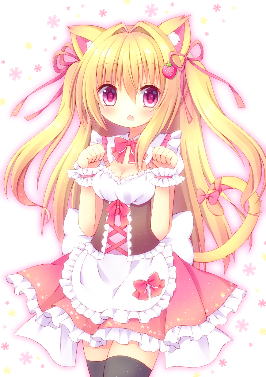 1girl :o animal_ears apron bangs black_legwear blonde_hair blush bow breasts cat_ears cat_girl cat_tail cleavage commentary_request eyebrows_visible_through_hair food_themed_hair_ornament frilled_apron frilled_skirt frills hair_between_eyes hair_ornament hair_ribbon hands_up heart heart_in_eye highres himetsuki_luna long_hair looking_at_viewer medium_breasts open_mouth original pink_bow pink_ribbon pink_skirt pleated_skirt puffy_short_sleeves puffy_sleeves ribbon short_sleeves skirt solo strawberry_hair_ornament symbol_in_eye tail tail_bow tail_ribbon thigh-highs two_side_up very_long_hair violet_eyes waist_apron white_apron white_background wrist_cuffs