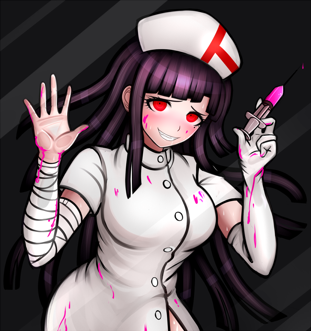 1girl alternate_costume bandage bandaged_arm bangs blunt_bangs blush dangan_ronpa dangan_ronpa_3 elbow_gloves gloves hat kurokku-tokei long_hair mole mole_under_eye nurse nurse_cap pink_blood purple_hair red_eyes single_glove skirt solo super_dangan_ronpa_2 syringe tsumiki_mikan