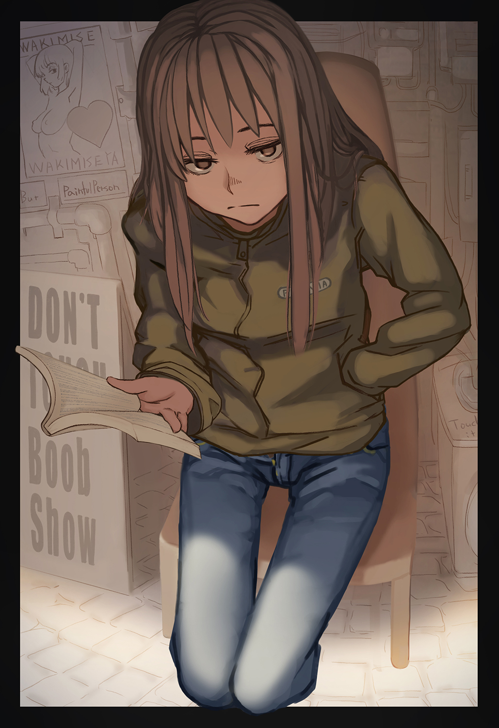 1girl bangs black_border book border brown_eyes brown_hair chair closed_mouth clothes_writing collarbone cropped_legs denim english expressionless green_coat hand_in_pocket heart highres holding holding_book jitome kudiramochi long_hair long_sleeves looking_at_viewer on_chair open_book original pipes poster_(object) sanpaku sitting smile solo thigh_gap unbuttoned work_in_progress