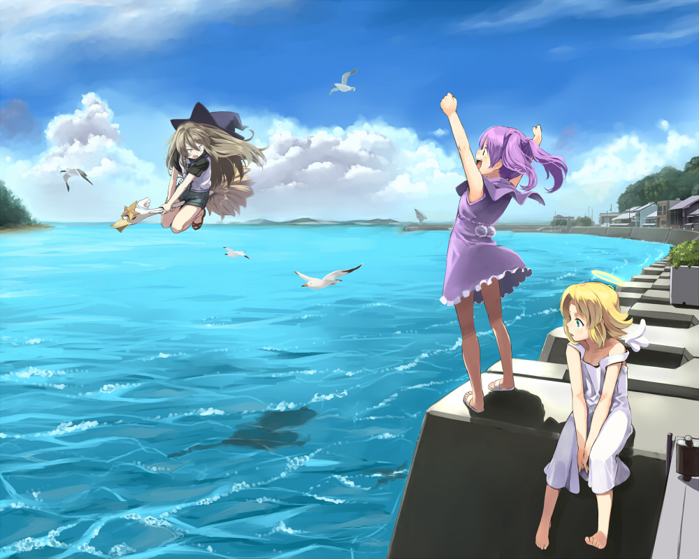 3girls :d aqua_eyes arms_up barefoot beads bent_knees between_legs bird blonde_hair blue_sky broom broom_riding brown_hair building capelet clenched_hands clouds concrete denchuubou denim denim_shorts dress duck frilled_dress frills hair_beads hair_ornament halo hand_between_legs harbor hat horizon jacket long_hair looking_to_the_side medium_hair mini_wings multiple_girls ocean open_mouth original pom_pom_(clothes) purple_dress purple_hair sandals satellite_dish seagull short_sleeves short_twintails shorts sitting sky sleeveless sleeveless_dress smile standing star strap_slip tareme tsurime twintails waves white_dress wings witch_hat