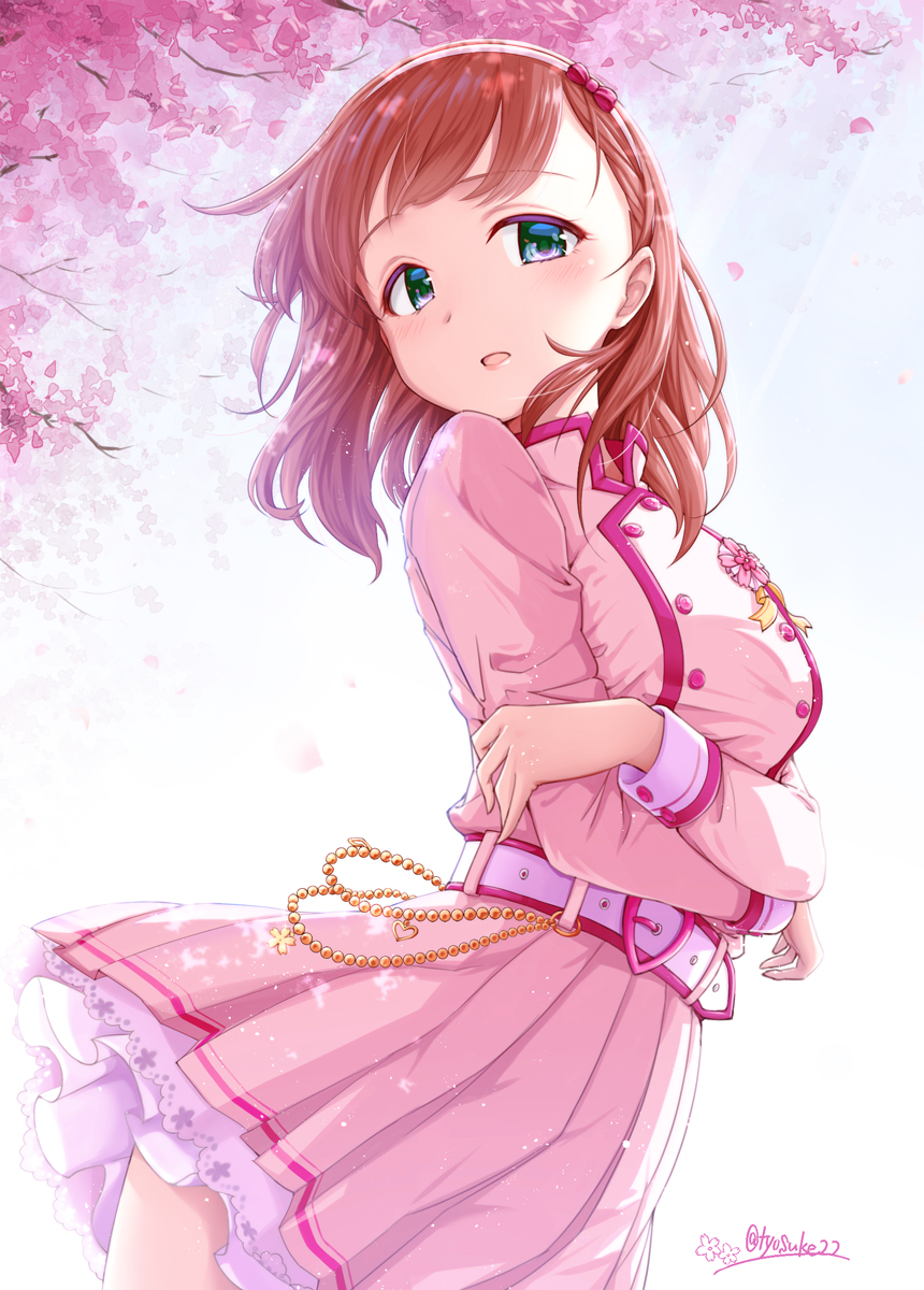 1girl belt blue_eyes blush bow brown_hair buttons chains cherry_blossoms chiyosuke_(nosuke21) commentary corsage cowboy_shot crossed_arms dress eyebrows_visible_through_hair flower flower_ornament gold_chain hair_bow hairband heart_belt highres idolmaster idolmaster_cinderella_girls idolmaster_cinderella_girls_starlight_stage jewelry kira!_mankai_smile long_sleeves looking_at_viewer parted_lips petals pink_dress ribbon sakuma_mayu sleeve_cuffs solo twitter_username