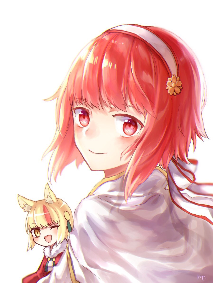 2girls animal_ears artist_name back blonde_hair capelet fire_emblem fire_emblem_if fox_ears fur_trim hair_ornament hairband kinu_(fire_emblem_if) multicolored_hair multiple_girls one_eye_closed open_mouth pink_eyes pink_hair sakura_(fire_emblem_if) simple_background two-tone_hair white_background yellow_eyes